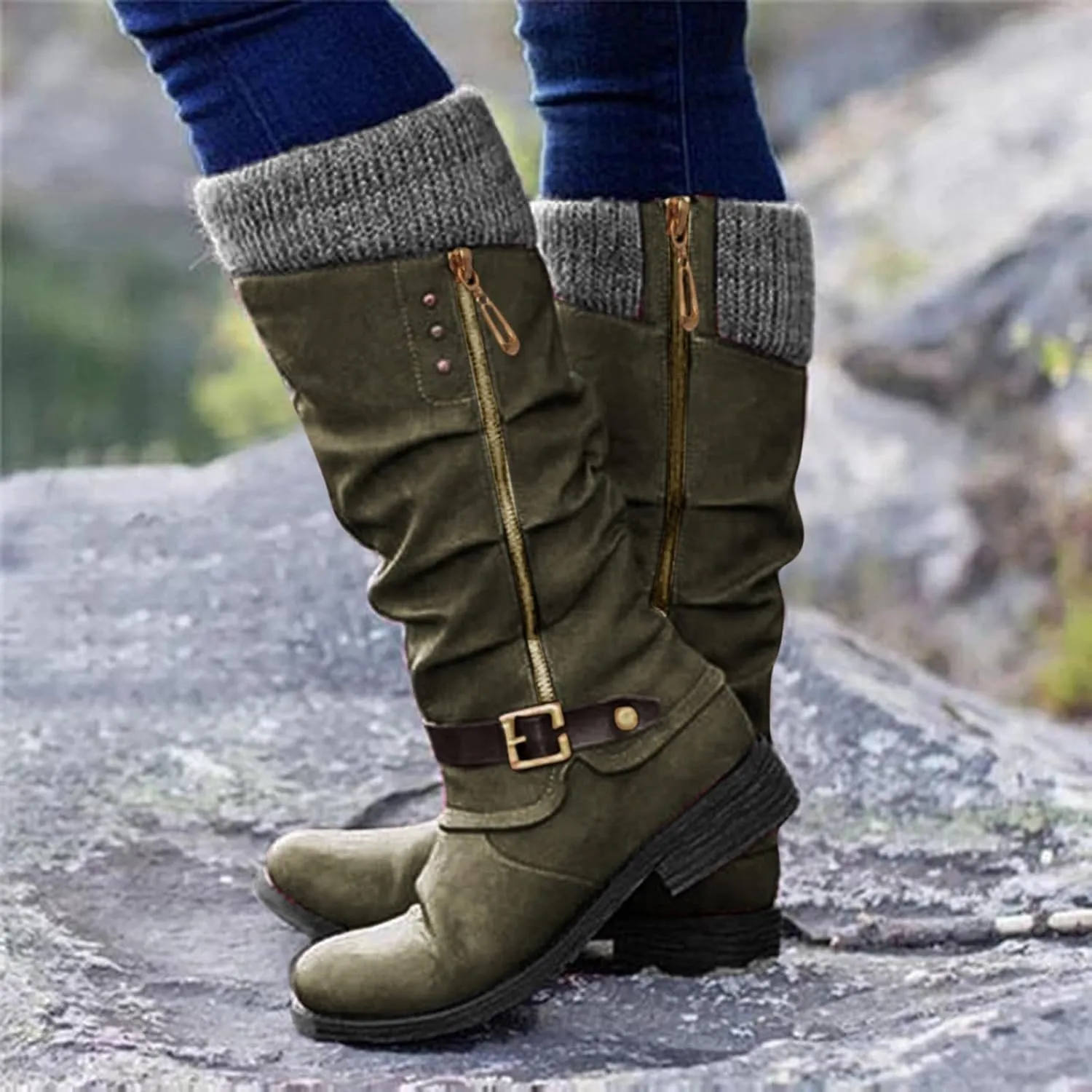 Eduavar Cowboy Boots for Women Cowboy Style, Western Boots Women Wide Calf Retro Round Toe Boots Ladies Chunky Heel Boots
