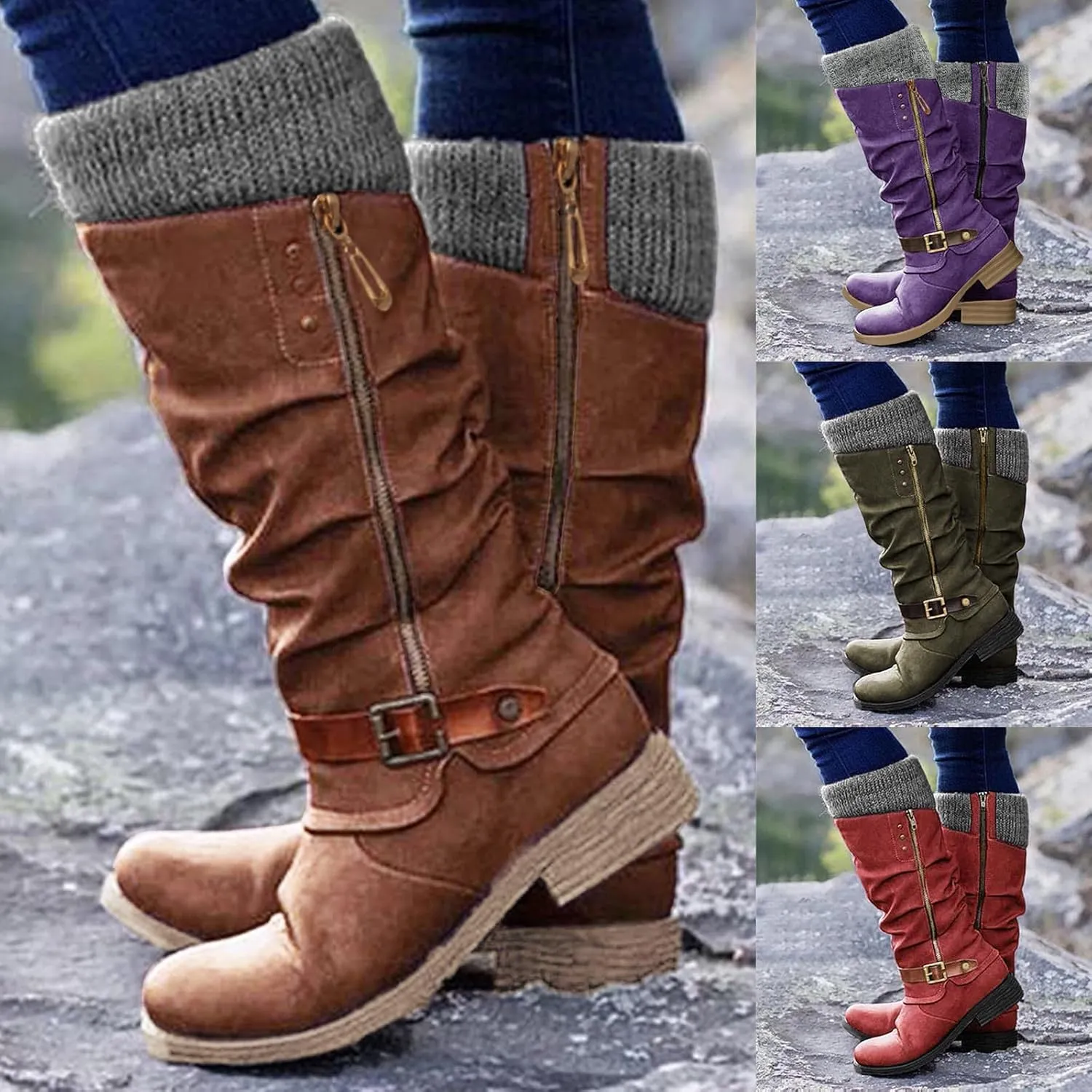 Eduavar Cowboy Boots for Women Cowboy Style, Western Boots Women Wide Calf Retro Round Toe Boots Ladies Chunky Heel Boots