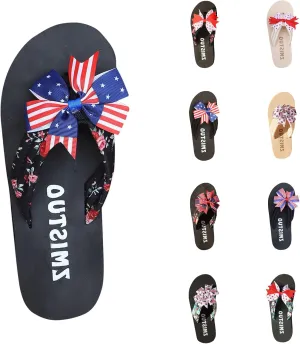 Flip Flops for Women American Flag Bow Knot Patriotic Shoes Summer Beach Yoga Mat Sole Arch Support Thong Sandals