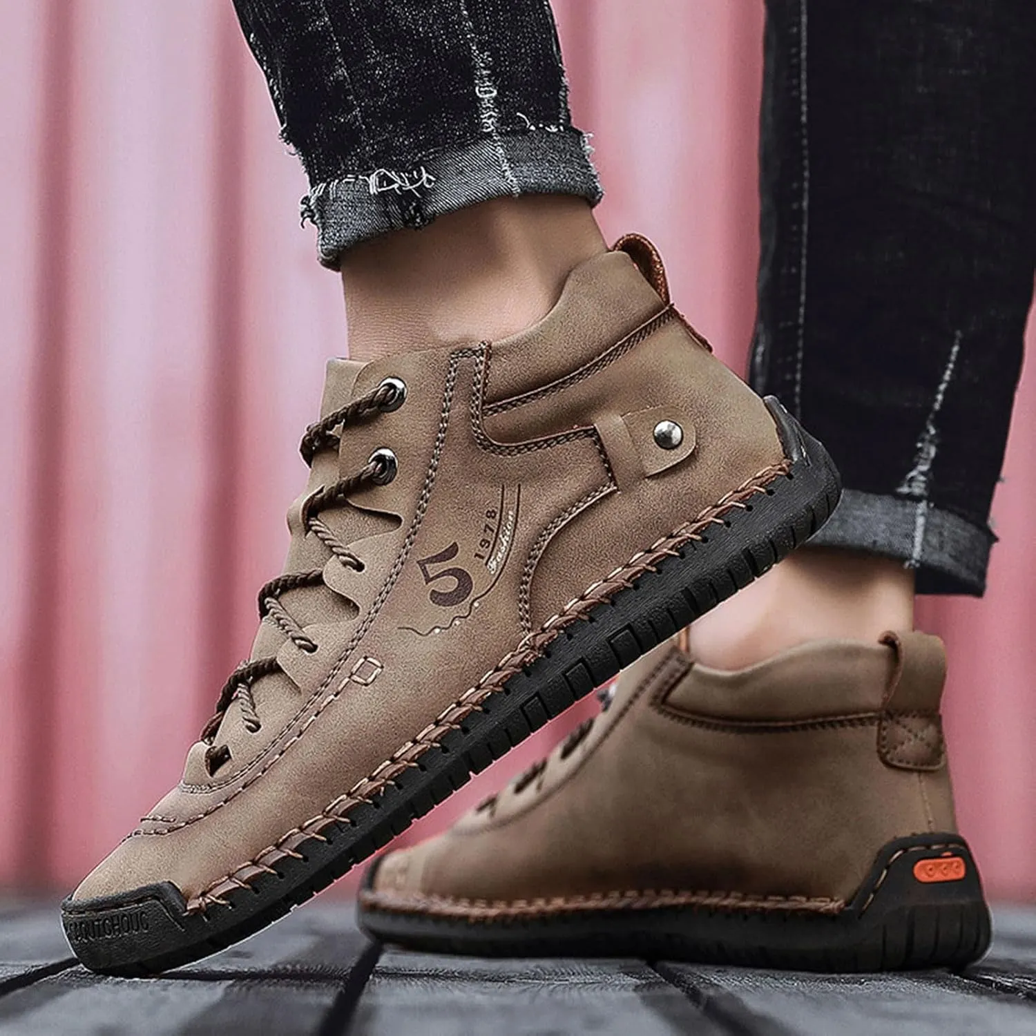 Mens Casual Leather Shoes Ankle Chukka Boots Slip On Lightweight Loafers Mid top Outdoor Lace Up Walking Driving Shoes
