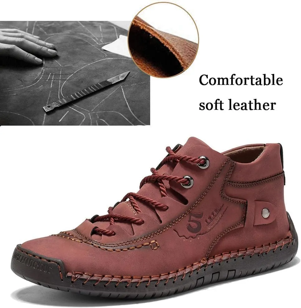 Mens Casual Leather Shoes Ankle Chukka Boots Slip On Lightweight Loafers Mid top Outdoor Lace Up Walking Driving Shoes