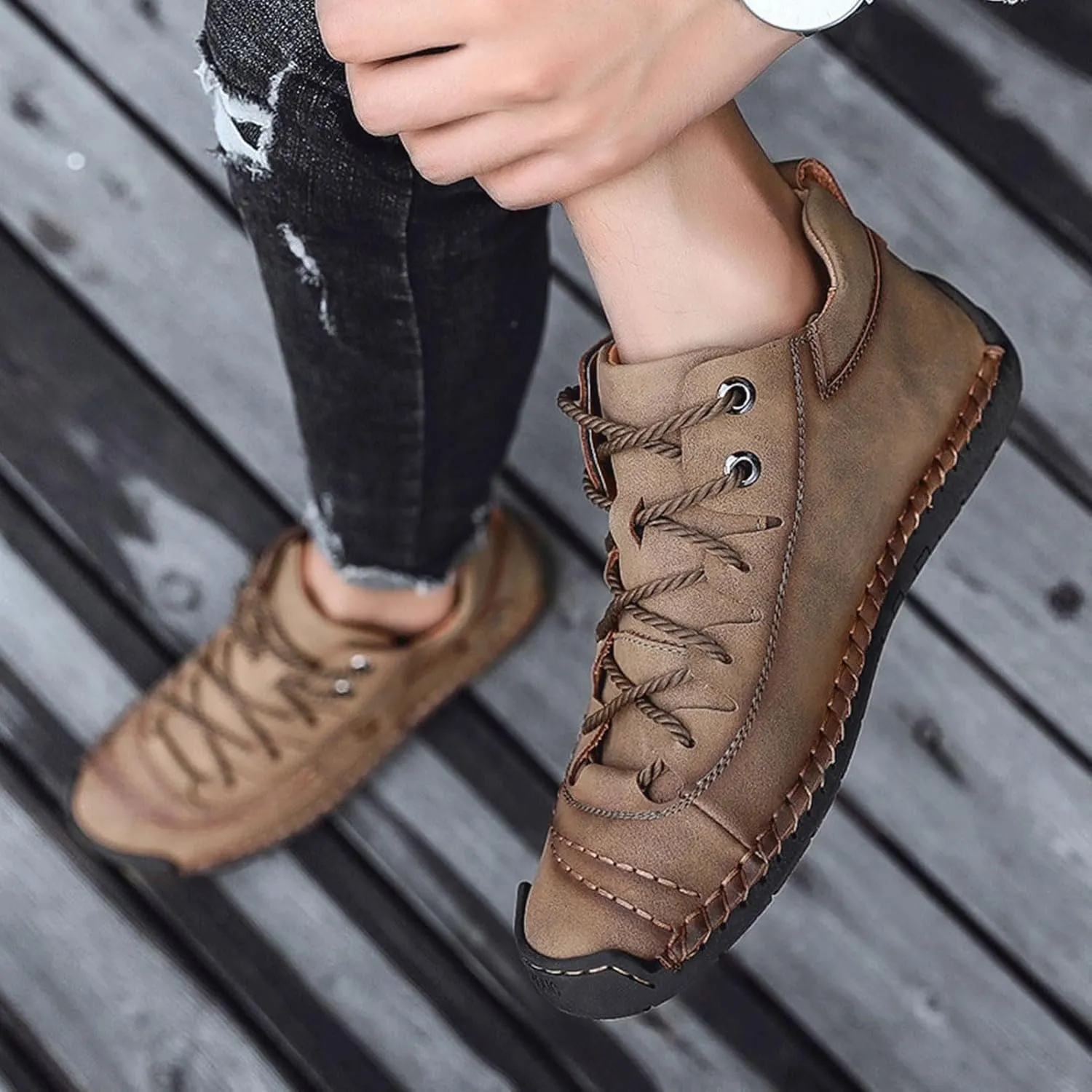 Mens Casual Leather Shoes Ankle Chukka Boots Slip On Lightweight Loafers Mid top Outdoor Lace Up Walking Driving Shoes