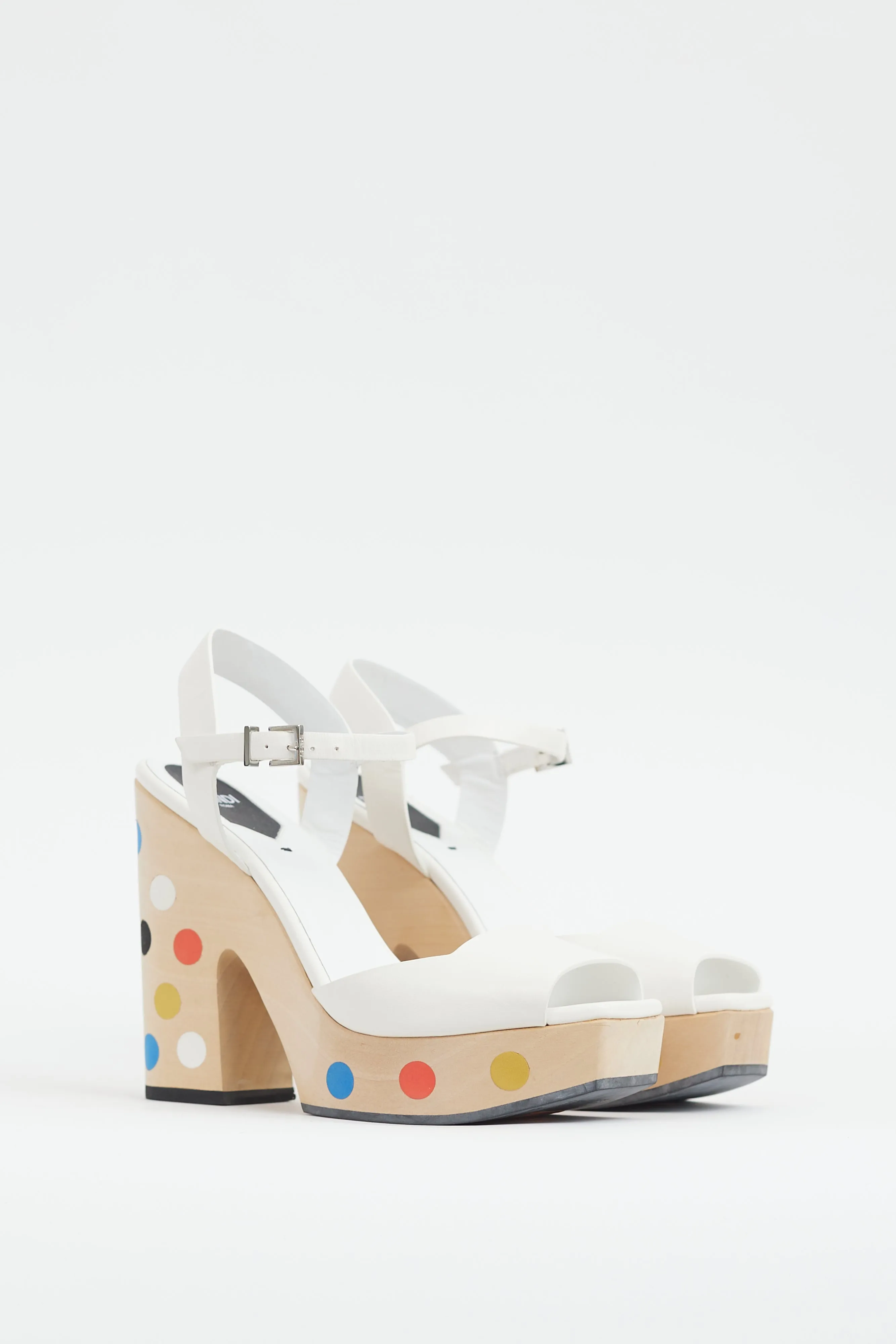 White & Multi Dots Wooden Platform Sandal