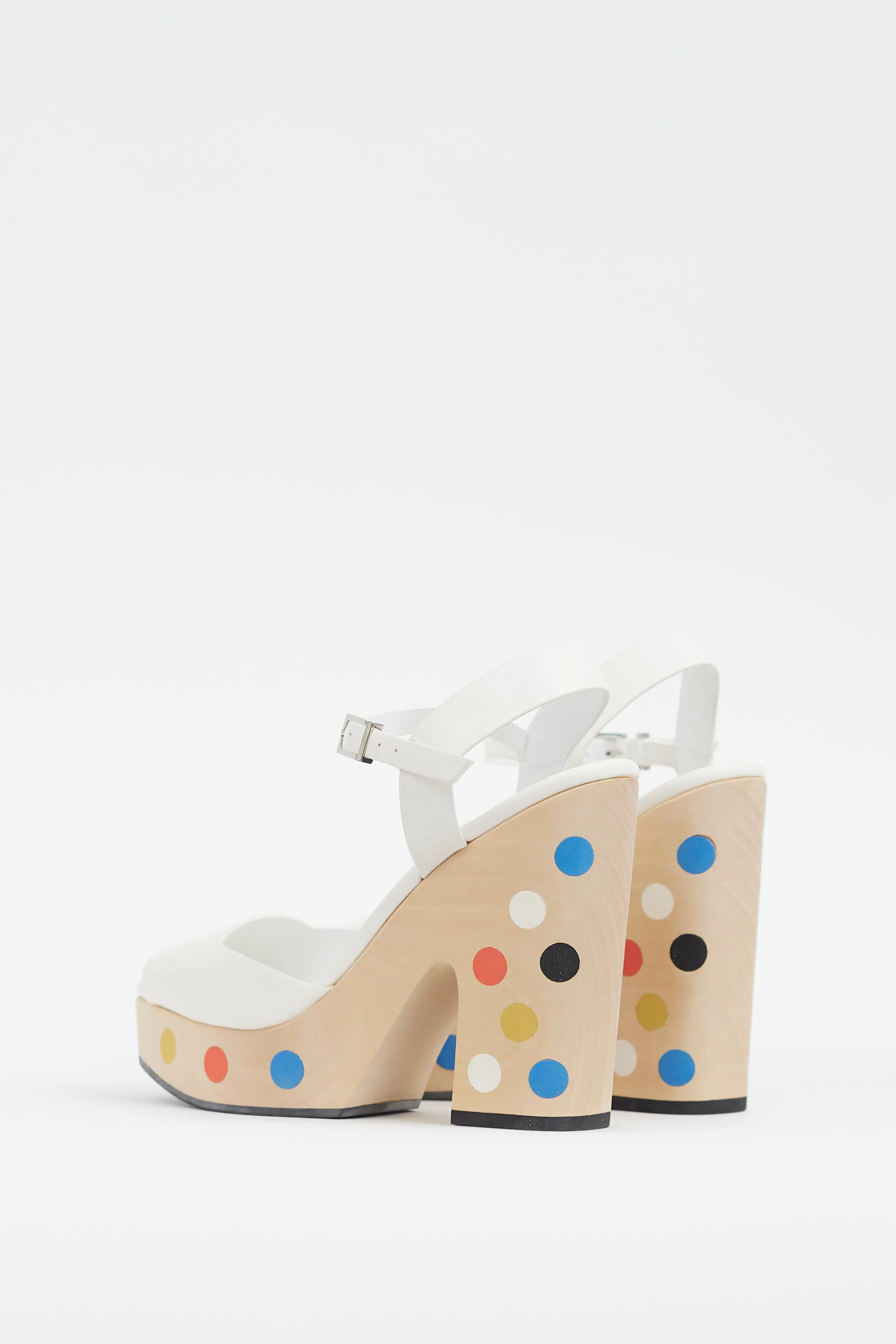 White & Multi Dots Wooden Platform Sandal