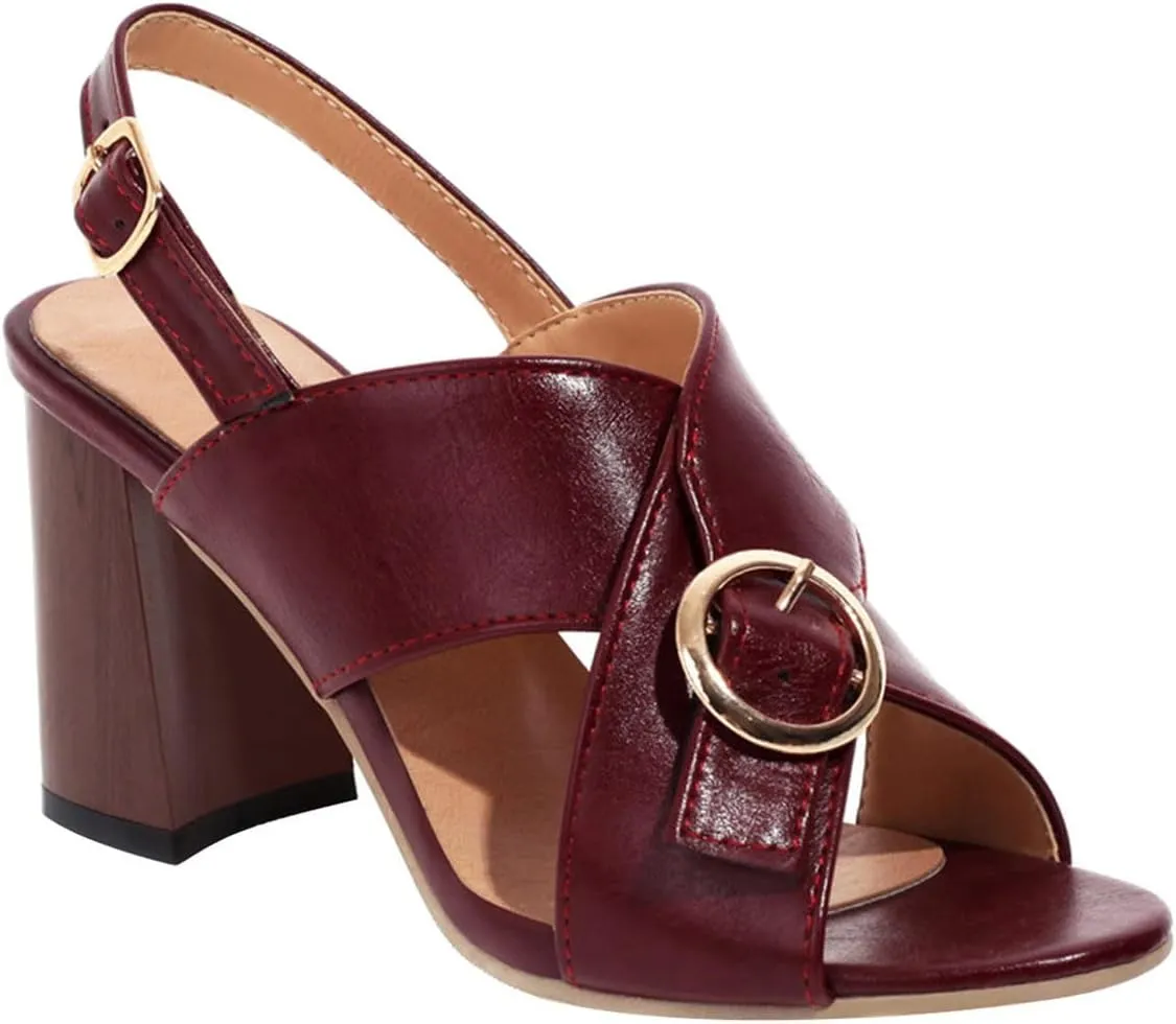Womens Cross Strap Sandals Chunky Heel Fashion Metal Buckle Fish Mouth Open Toe Thick High Heel Shoes Summer Solid Color Block Heel Shoes